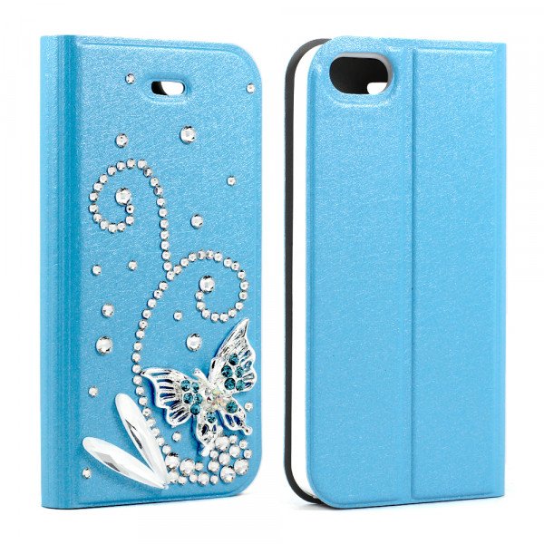 Wholesale Apple iPhone 5/5S Crystal Diamond Flip Wallet Case (Blue)